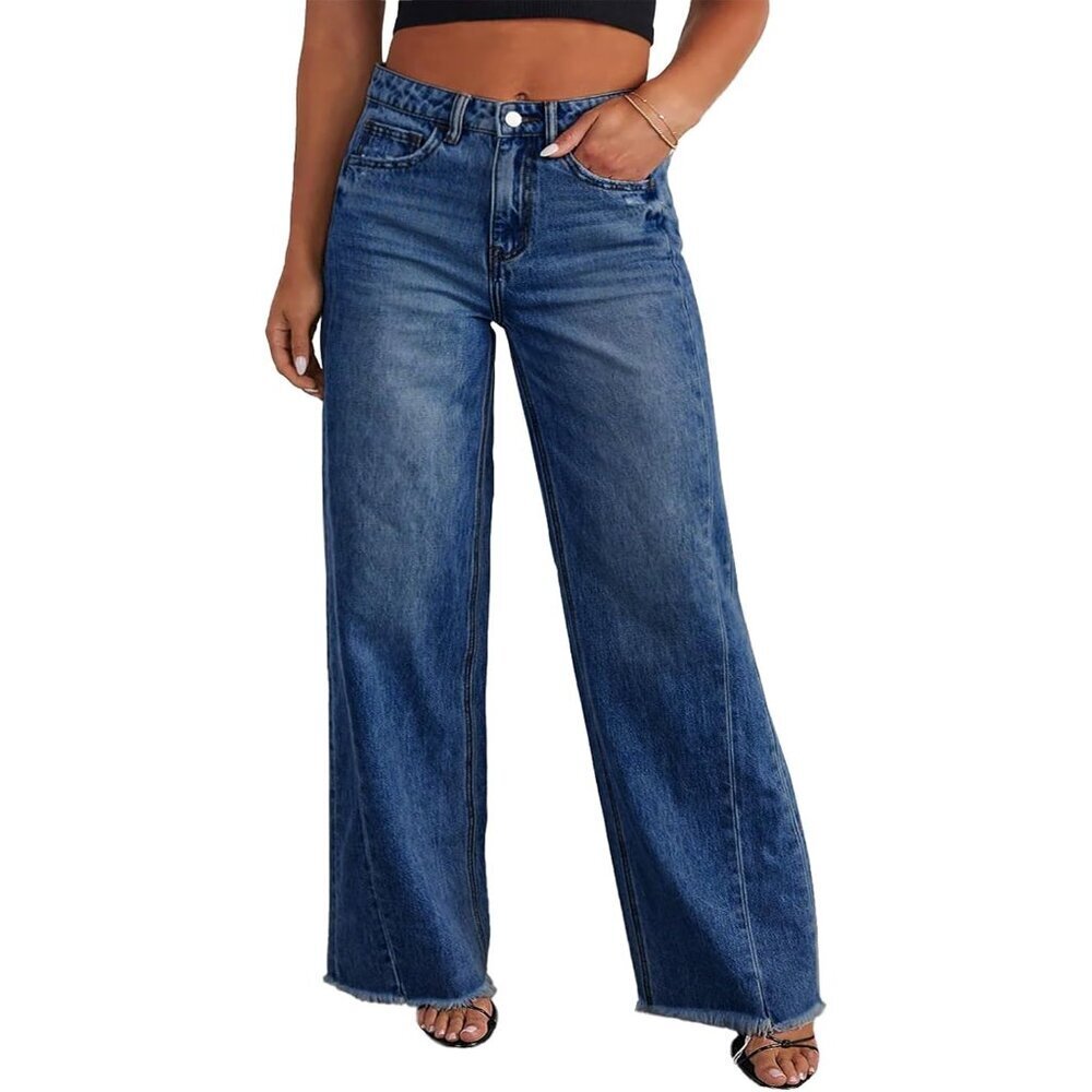 Plus Size Wide Leg Jeans Cotton Blend High Waist Raw Hem Pockets